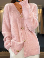 autumn and winter new solid color long sleeved V-neck knitted cardigan with breasted jacquard women's sweater