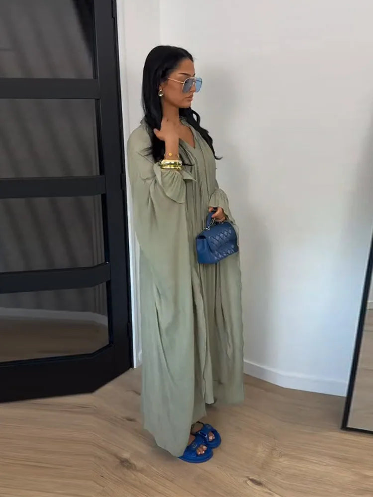 Maxi Dress Women's Dresses Batwing Sleeve Beige Ruffle Tie Neck Pleated Oversized Woman Clothes Casual Wear Summer Outfit Secondary image