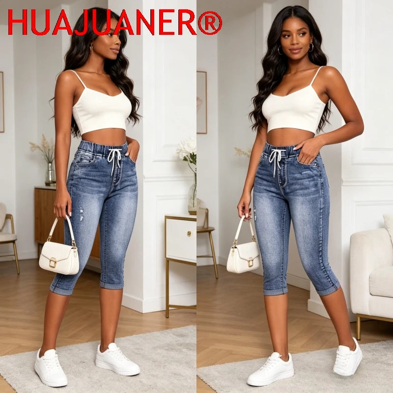 Hole Jeans Women Calf Length Pants Denim Fit High Waist Drawstring Pockets Vintage Pencil Trousers 2026 Streetwear Denims