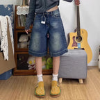 Spicy Girl Retro American Five-Point Denim Shorts Women Summer New Loose Design Slim Straight Leg Wide Leg Medium Pants