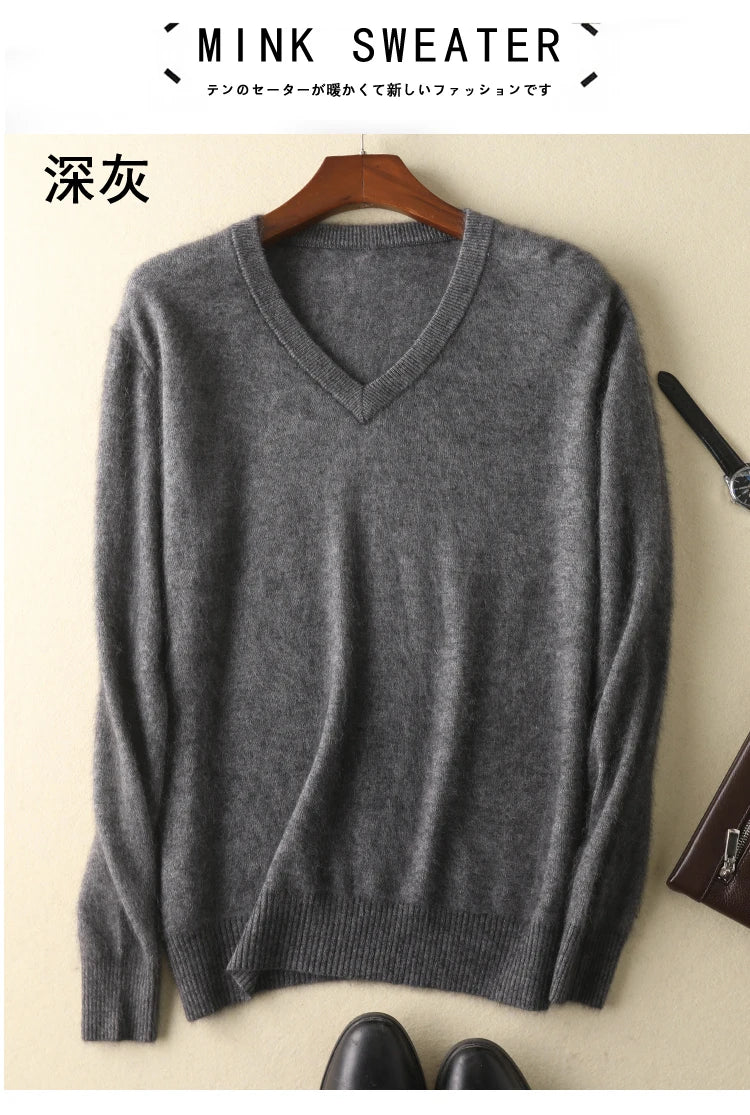 LHZSYY Men's 100% Mink Cashmere Large Size Sweaters Autumn Winter Solid V-neck Casual Knit Pullovers Men Long Sleeve Warm Jumper
