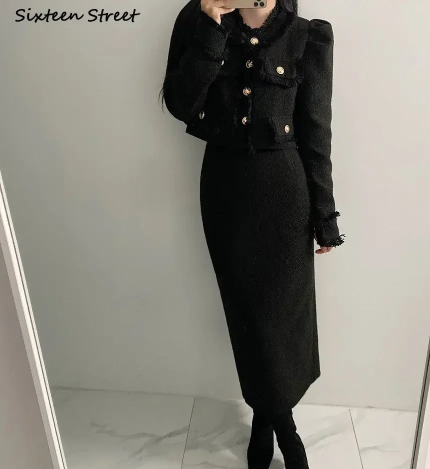 Beige Tweed Jacket + High Waisted Skirts Women Winter  Golden Button 2 Piece Sets Wool Luxury Vintage Skirts Sets Autumn