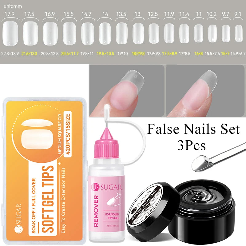 UR SUGAR 3PCS False Nails Set With 420Pcs Matte Soft Gel Tips Solid Glue Gel Remover Quick Nail Extension Kit Nail Beauty Starte