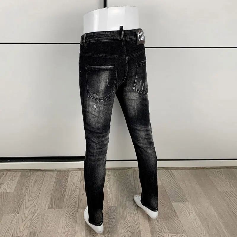 Street Fashion Men's Tight Black Grey Jeans Retro Elastic Slimming Split Style Jeans Men's Retro Designer Brand Jeans Hombre