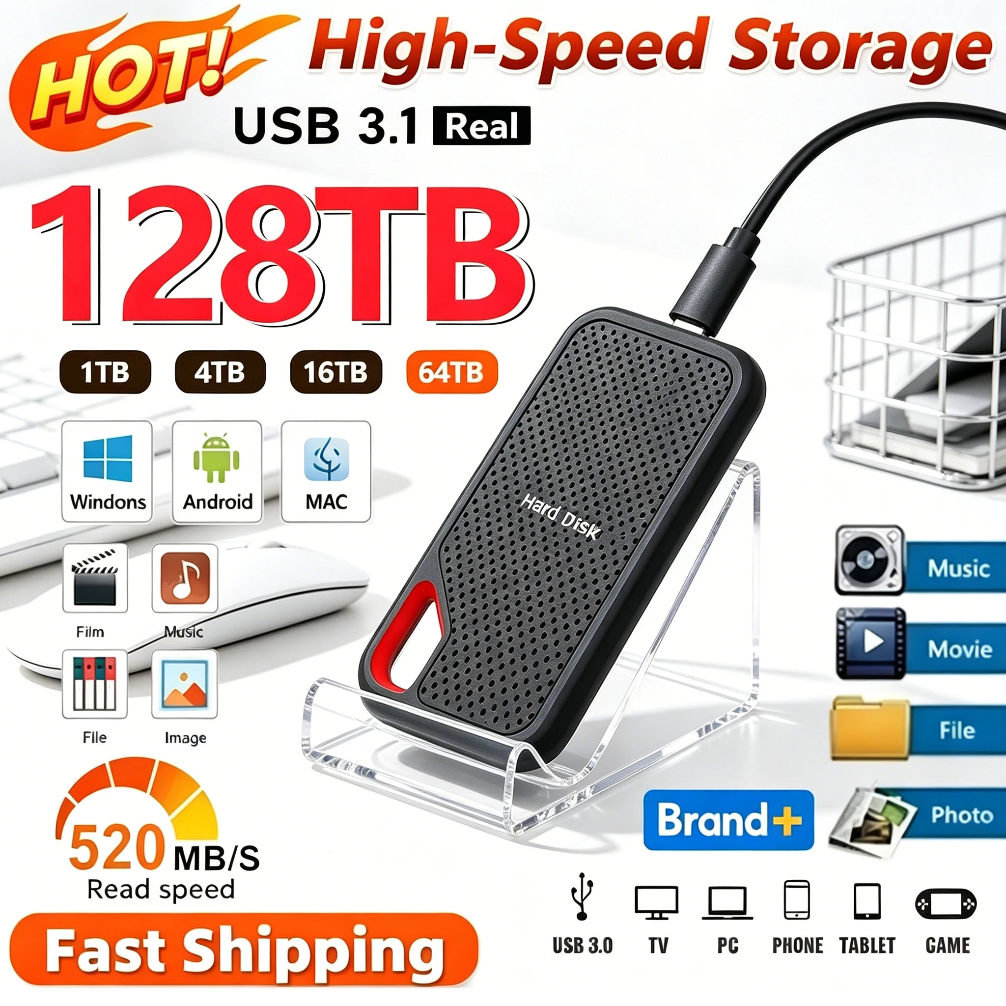 High-Speed Original SSD 2TB Portable USB3.1 Hard Drive 4TB Noiseless Disk for Freelancer Laptop Tablet Workbench Main image