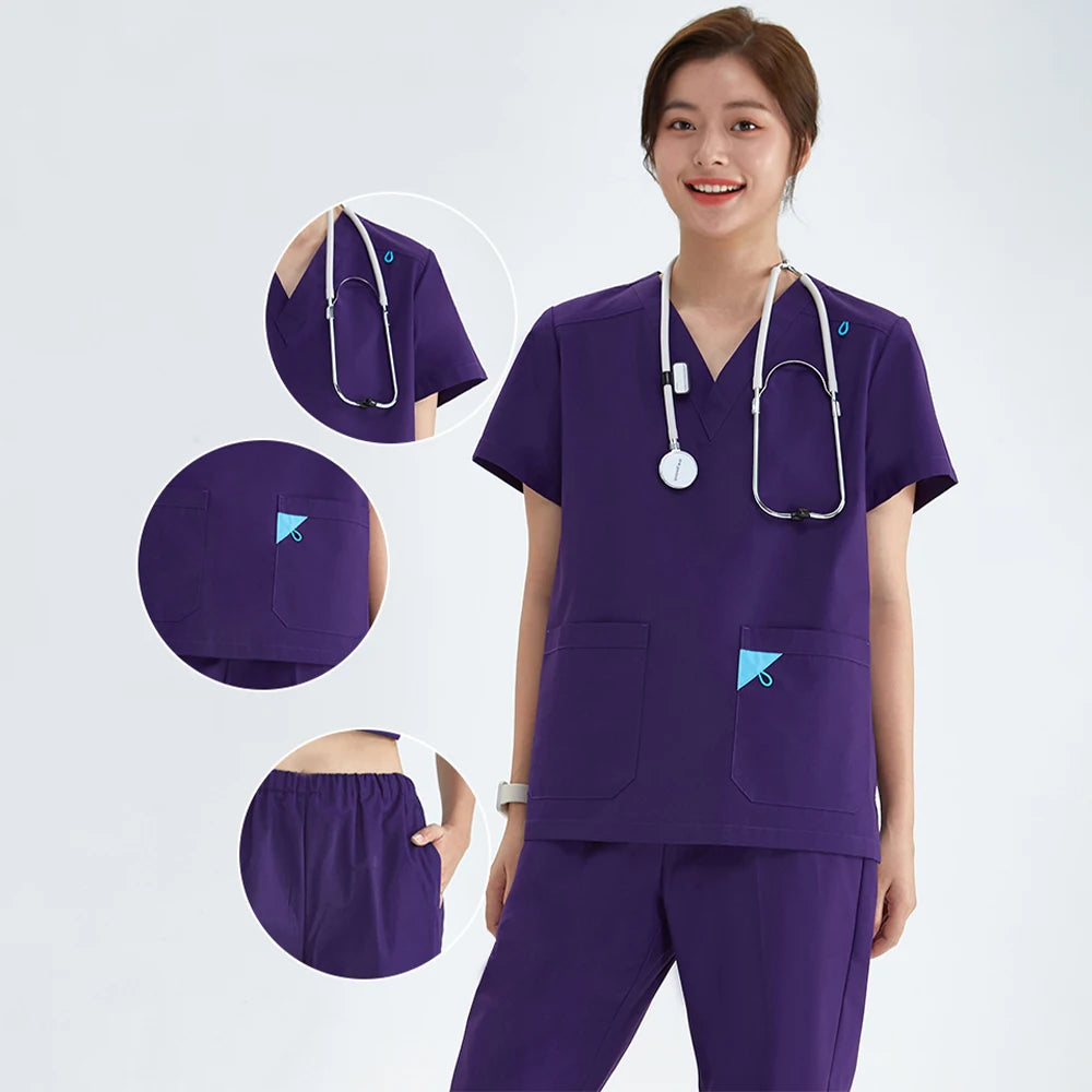 V-neck Medical Uniform Sets for Women Triangle Ring Heather Slim Nursing Outfits Dental Hospital Working Suits 202