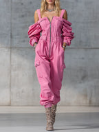 Vintage Denim Jumpsuit Woman Solid Zipper Off-shoulder High Wait Loose Cargo Pants Romper Long Sleeve Overalls One-Piece Suit