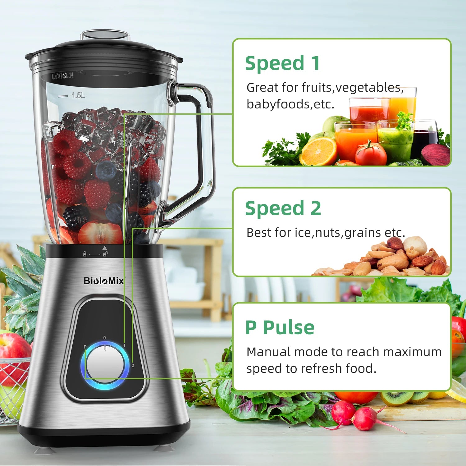 BioloMix Professional 1300W Blender with 1.5L BPA Free Glass Pitcher Perfect for Frozen Smoothies and Homemade Sauces Secondary image