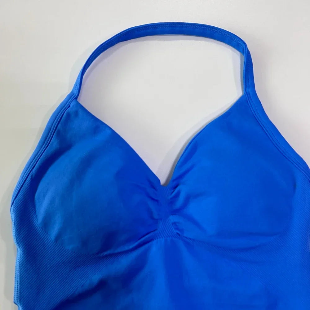 No Logo 2 Pieces Sports Set Women Backless Tank Tops High Waist Scrunch Seamless Shorts Gym Set Sportswear Workout Set Yoga