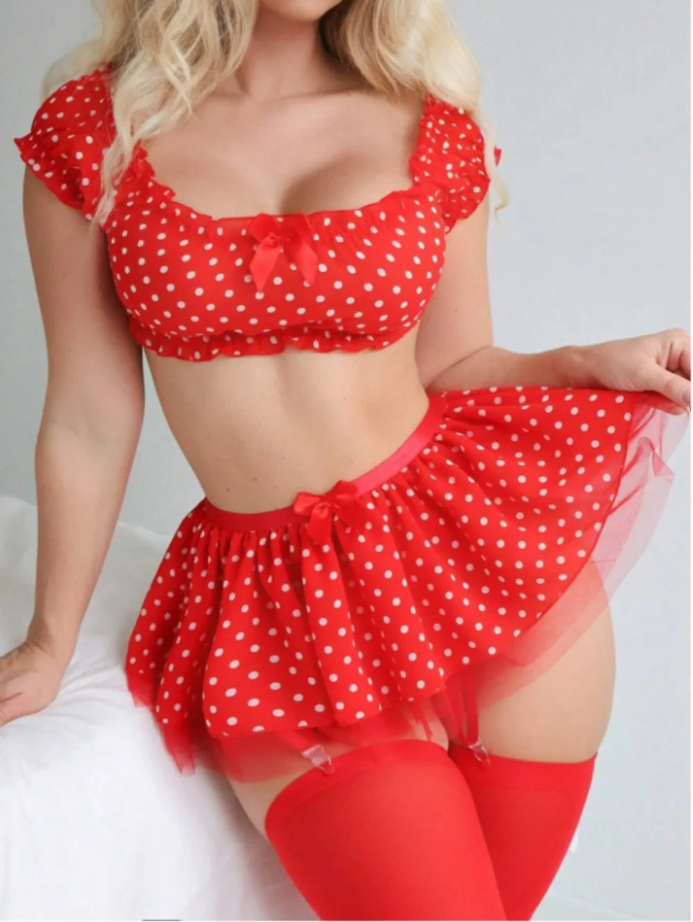 Polka Dots Sexy Tutu Women's Lingerie Set High-value Fashionable and Exquisite Off-the-shoulder Slot Two-piece Set