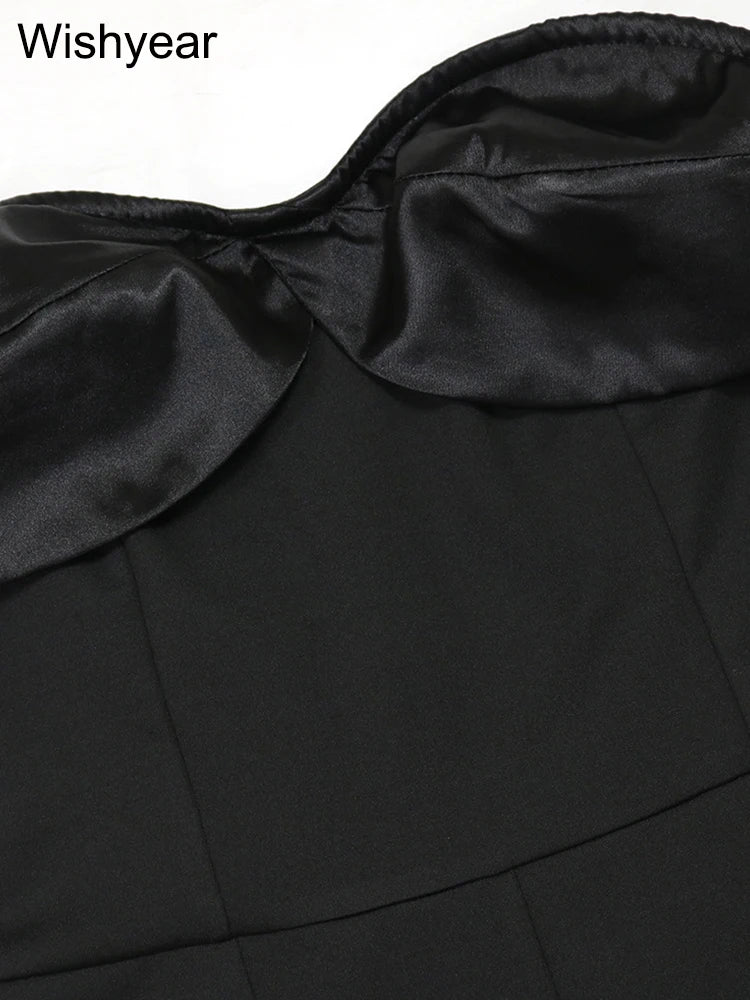 New One Pieces Jumpsuits Women Black Strapless Sleeveless Sexy Rompers Slim Fit Long Ruffles Flare Pant Night Club Even Overalls