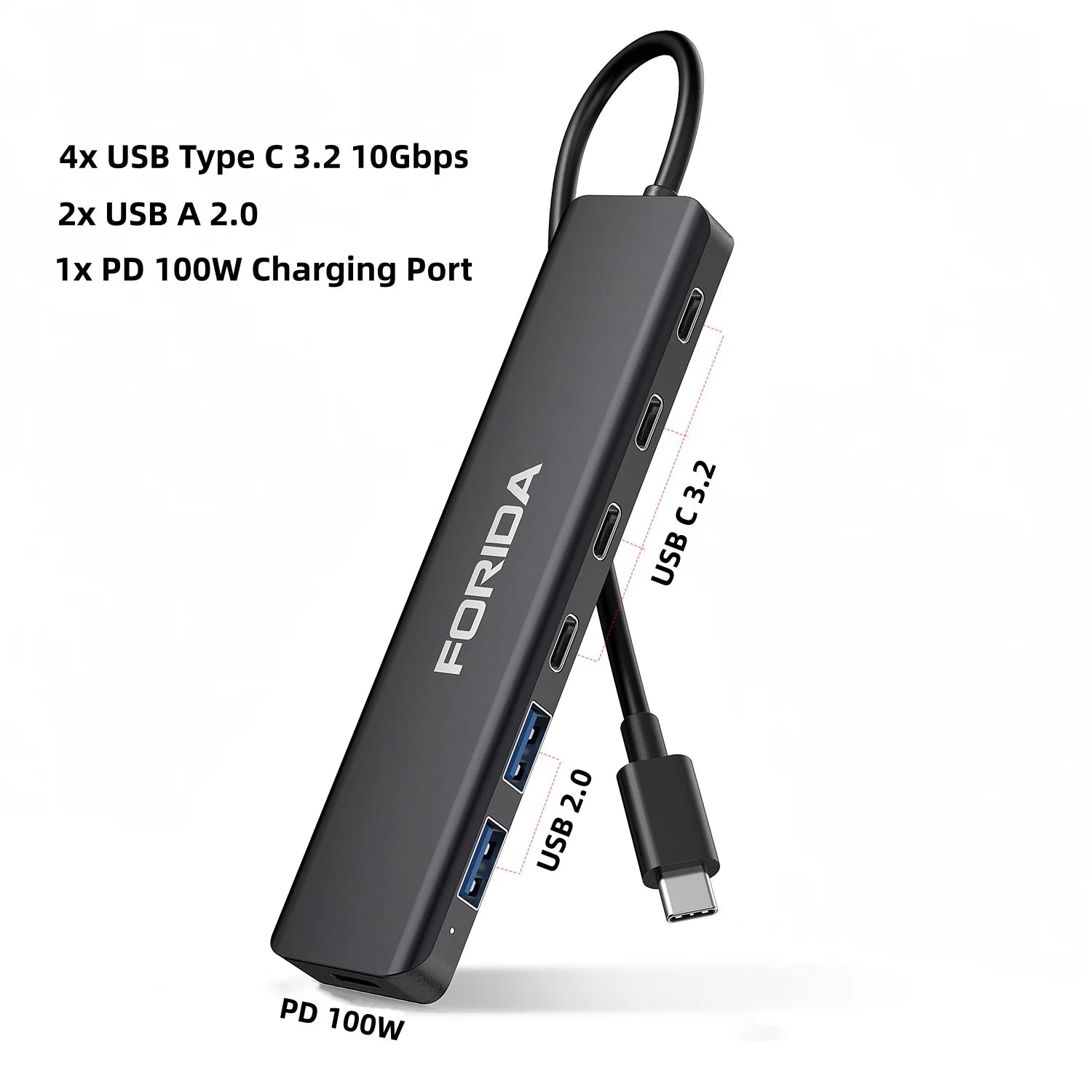 FORIDA USB Hub Type C 10Gbps USB C Splitter PD 100W Power Charging USB 3.2 Gen2 Adapter for Laptop MacBook Desktop Tablet