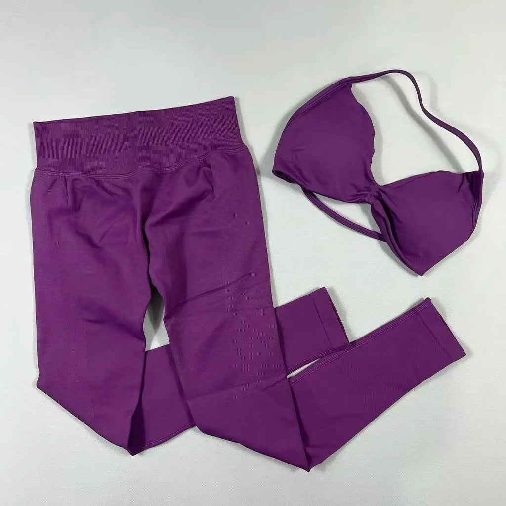 UETEEY Set For Woman Strappy Yoga Bra Sports Top Workout Leggings Set Seamless Gym Set Fitness Clothes Outfit Activewear