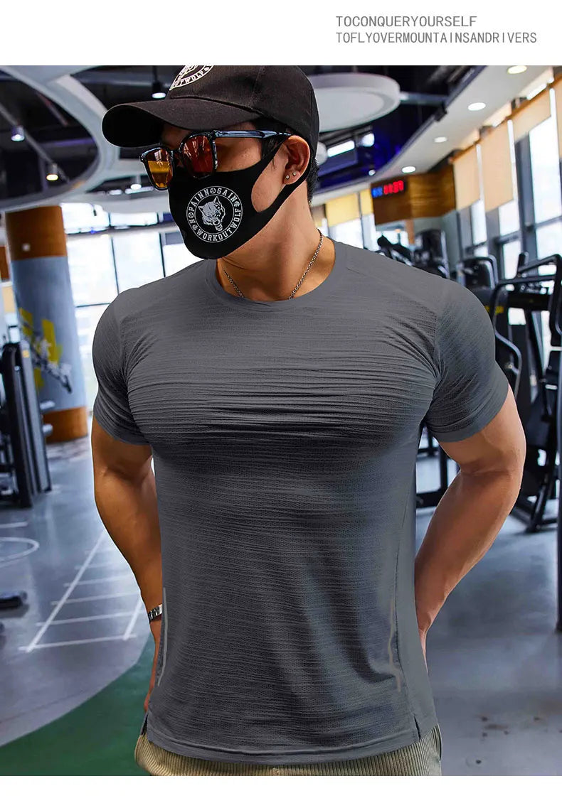 Muscle Training Compression T-shirt Man Running Dry Fit Tee Plain Color Plus Size Gym Men's T-shirts Sports Men Tops Sweatshirt