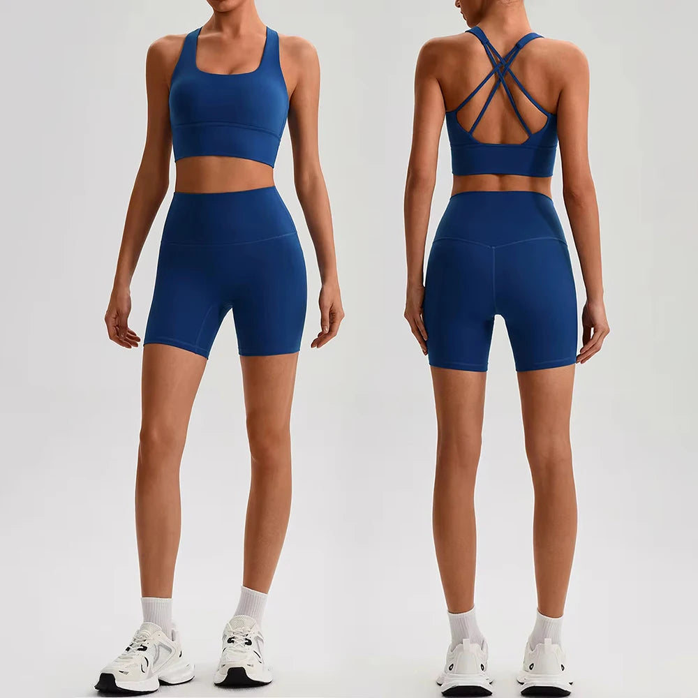 Buttery Soft Nylon Yoga Set Crisscross Back Sports Bra High Waist Biker Shorts 2 Piece Gym Set Workout Outfit Women Activewear Main image