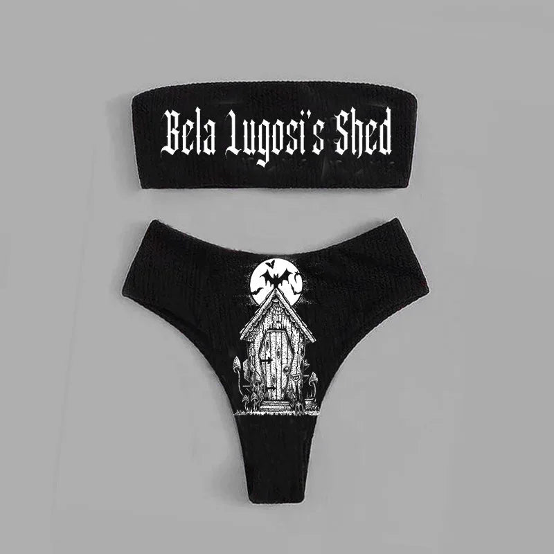 Gothic Bikini 2025 Women Skeleton Tube Top Bra Triangle Bottoms Swimsuit Split Bathing Suit Underwear Y2K Bikinis Punk Swimwear