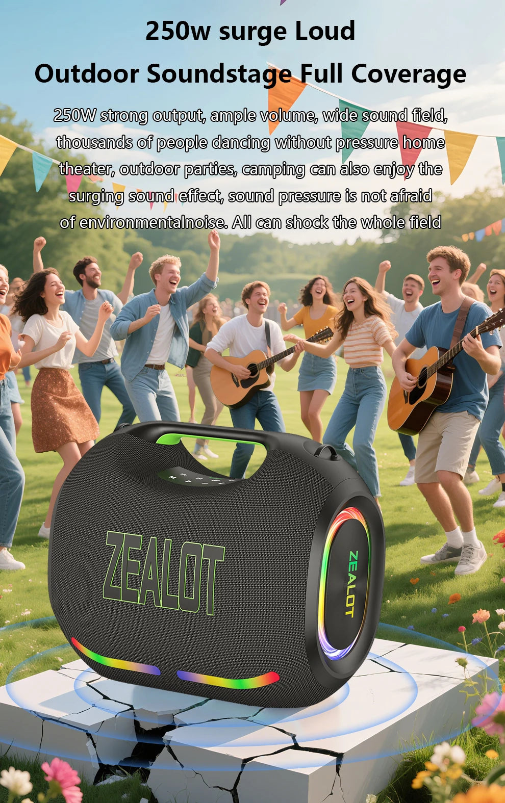 ZEALOT ZE21 250W Wireless Speaker, Outdoor Portable, 48000mAh Long Battery, With RGB Color Lights, Up To 18 Hours Of Play Time.
