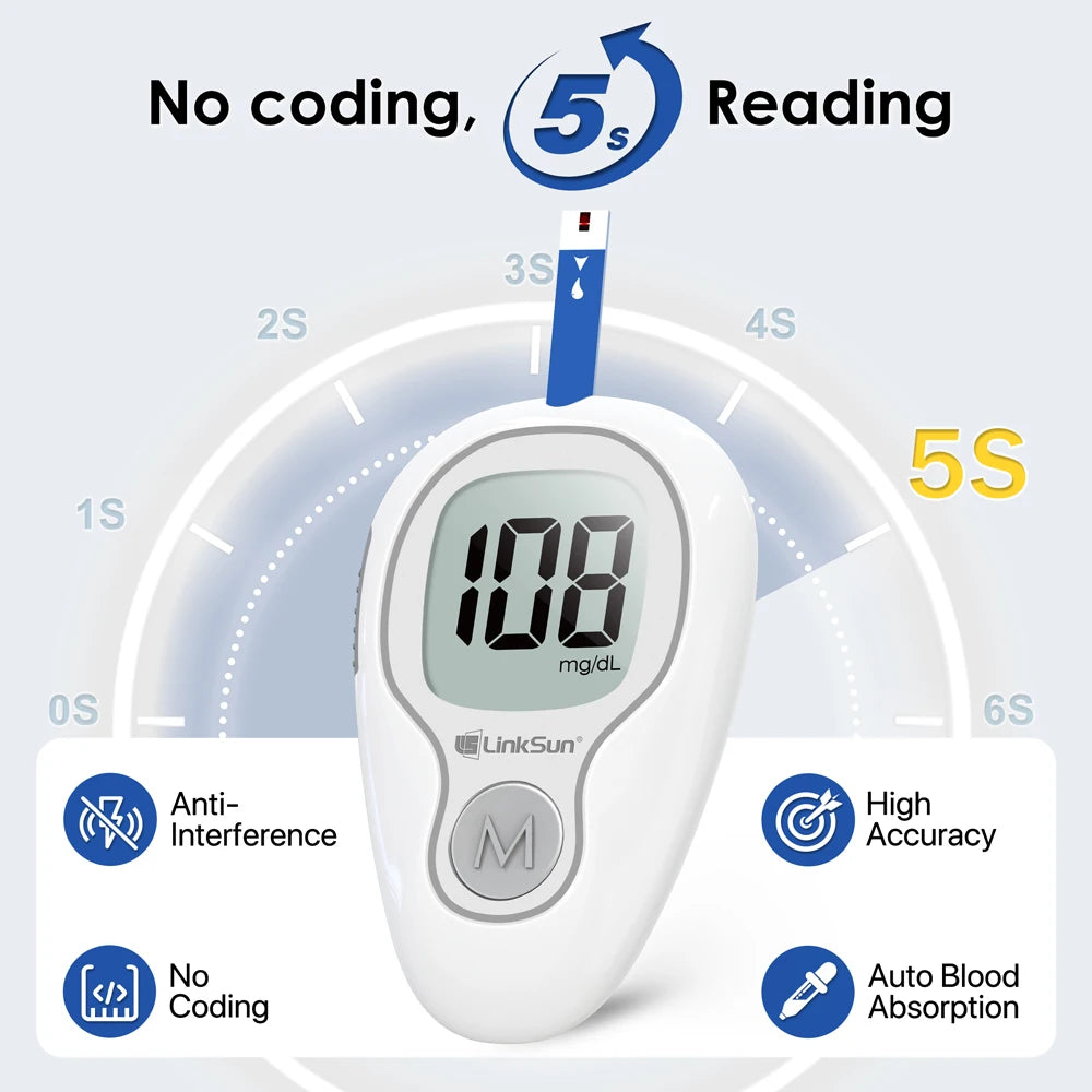 LinkSun Blood Glucose Meter G-425-3 Glucometer No Code for Diabetes Test 10/50/100pcs Strips Lancets Medical Blood Sugar mg/mmol