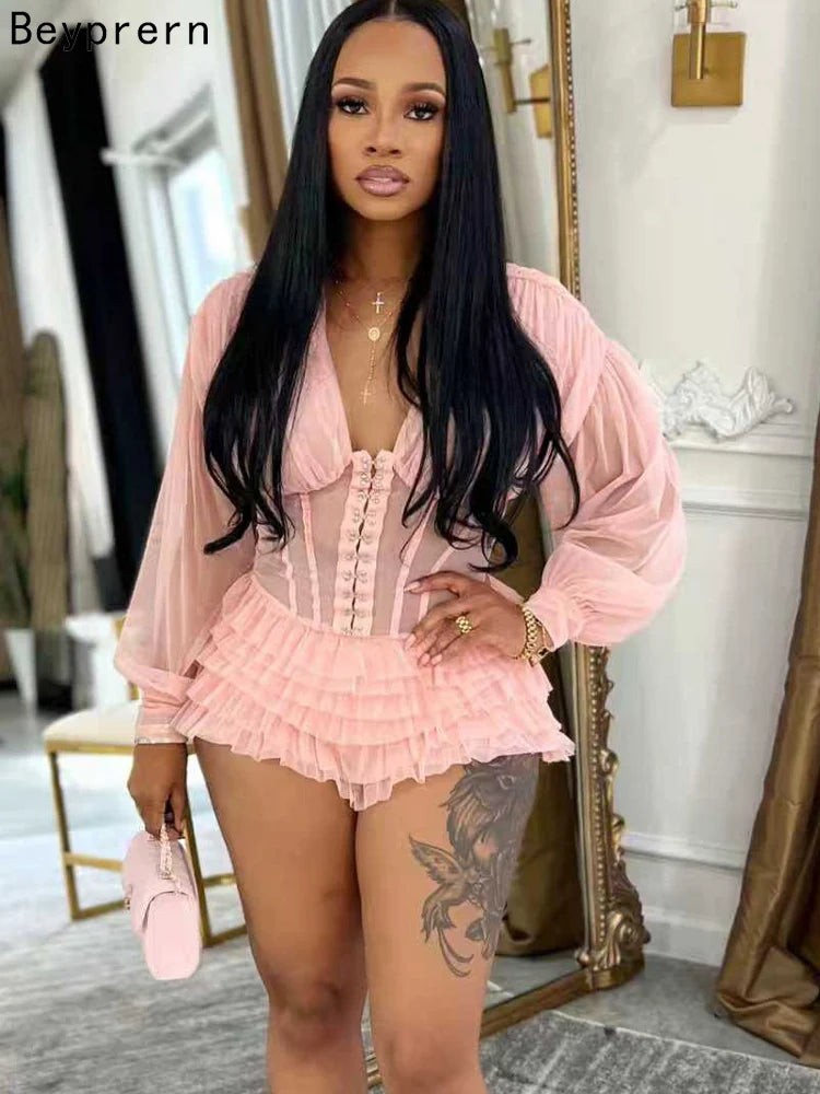 Beyprern Sexy Black Mesh Corset Jumpsuit Women Gothic Ruffle Layered Rompers Long Sleeve Sheer Bodysuit Nightclub Party Outfits