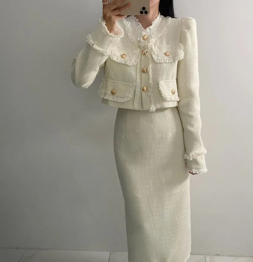 Beige Tweed Jacket + High Waisted Skirts Women Winter  Golden Button 2 Piece Sets Wool Luxury Vintage Skirts Sets Autumn