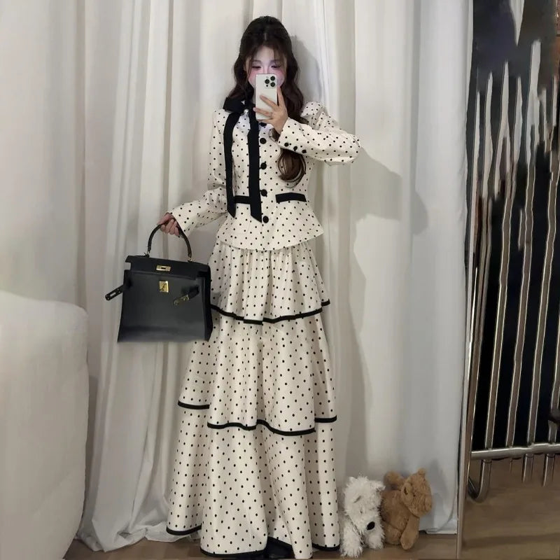 Korean Fashion Elegant Beige Polka Dot Women Set Long-sleeved Single Button Top High Waist A-line Ruffled Tiered Long Skirt 2pcs Secondary image