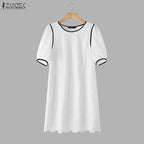 ZANZEA Summer Women's Openwork Embroidered Dresses O-Neck Half Puff Sleeve Contrast-Trim Knee-Length Dress Casual A-Line Robes