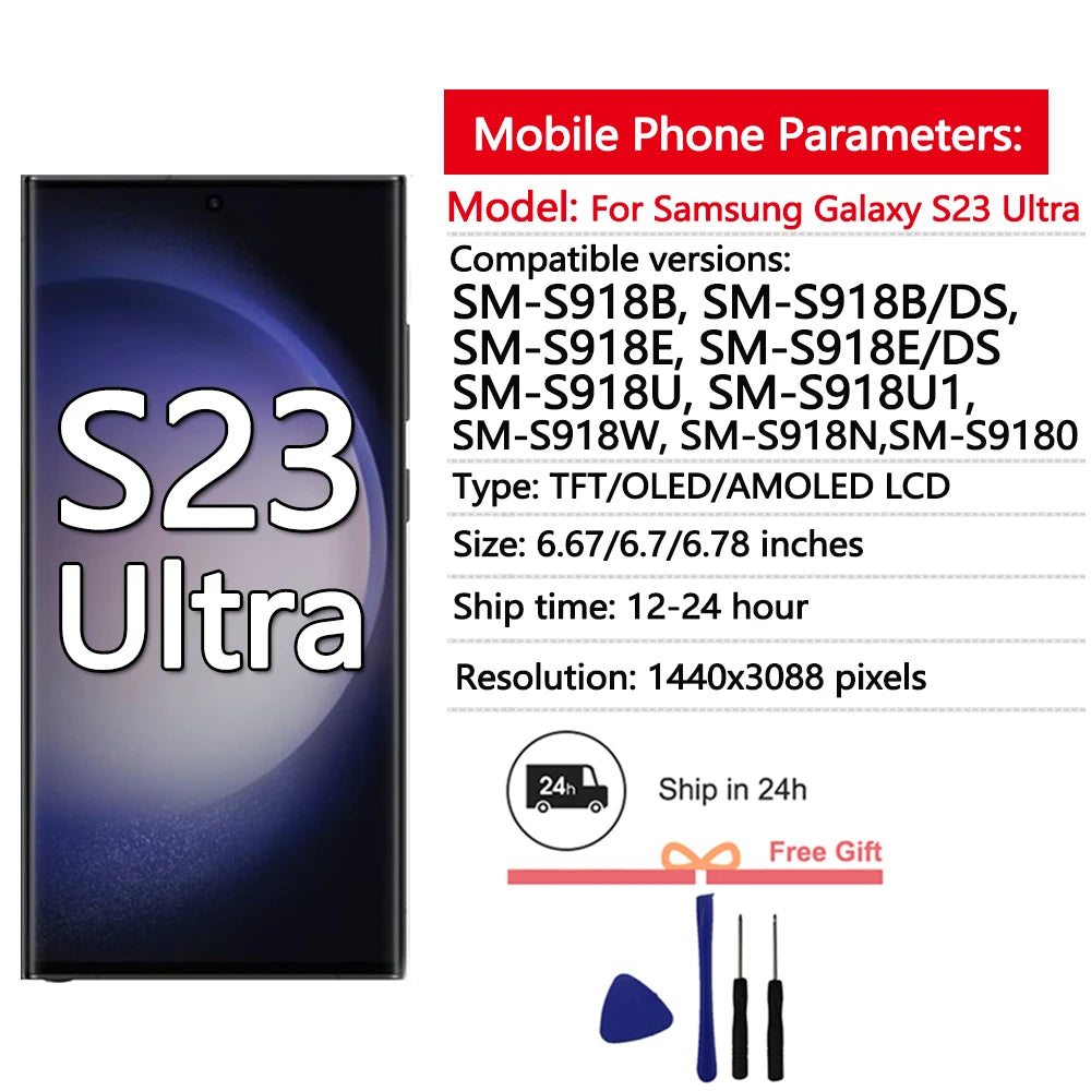 6.8“ Super AMOLED For Samsung Galaxy S23 Ultra S918 LCD Display Touch Screen Digitizer Assembly Support fingerprint and S-Pen Secondary image