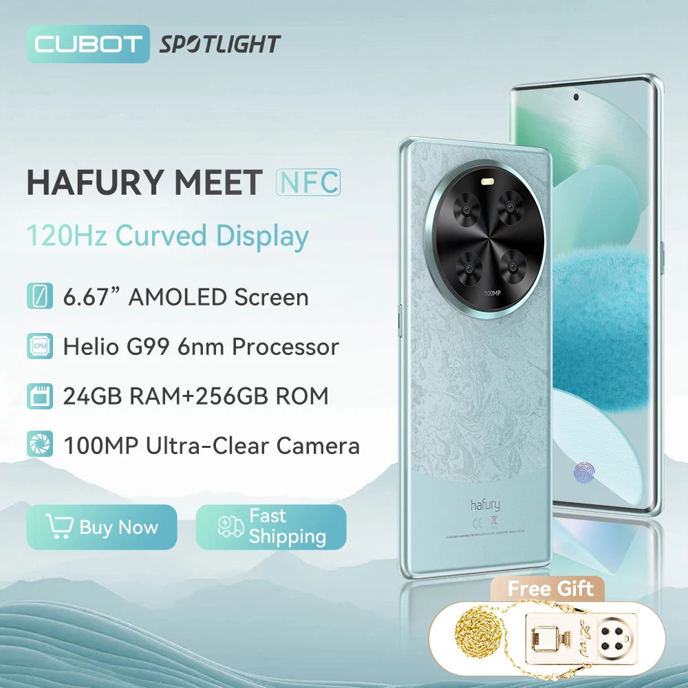 Cubot Hafury Meet, Smartphone Android, 6.67" 120Hz AMOLED Curved Screen, 24GB RAM(12GB+12GB), 256GB ROM, Helio G99,100MP,NFC, Main image