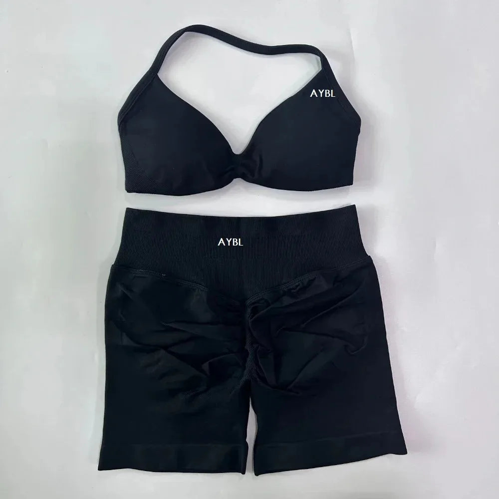 AYBL 2PCS Yoga Set Gym Set Women Strappy Yoga Bra Top High Waist Workout Scrunch Shorts Sports Suit Seamless Yoga Set Fitness