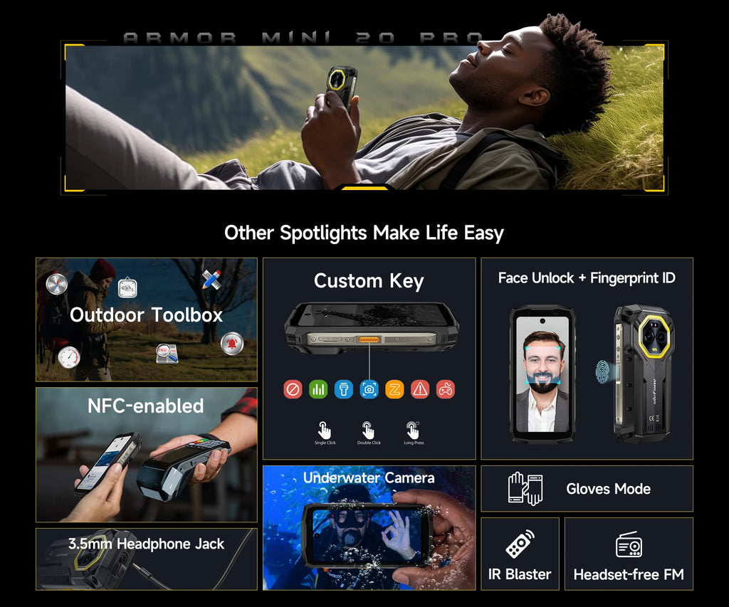 Ulefone Armor Mini 20 Pro 5G 4.7" Rugged Phone 64MP Night Camera  6200mAh Smartphone LED Light 16+256GB Android 14 Mobile phone