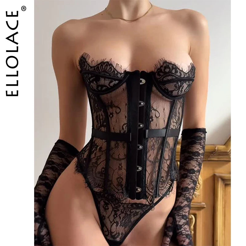 Ellolace Palace Women's Lingerie Sets Willowy Corset Thong 2PC Set Sexy Hot Strapless Lace Fancy Deep V-neck Women Underwear