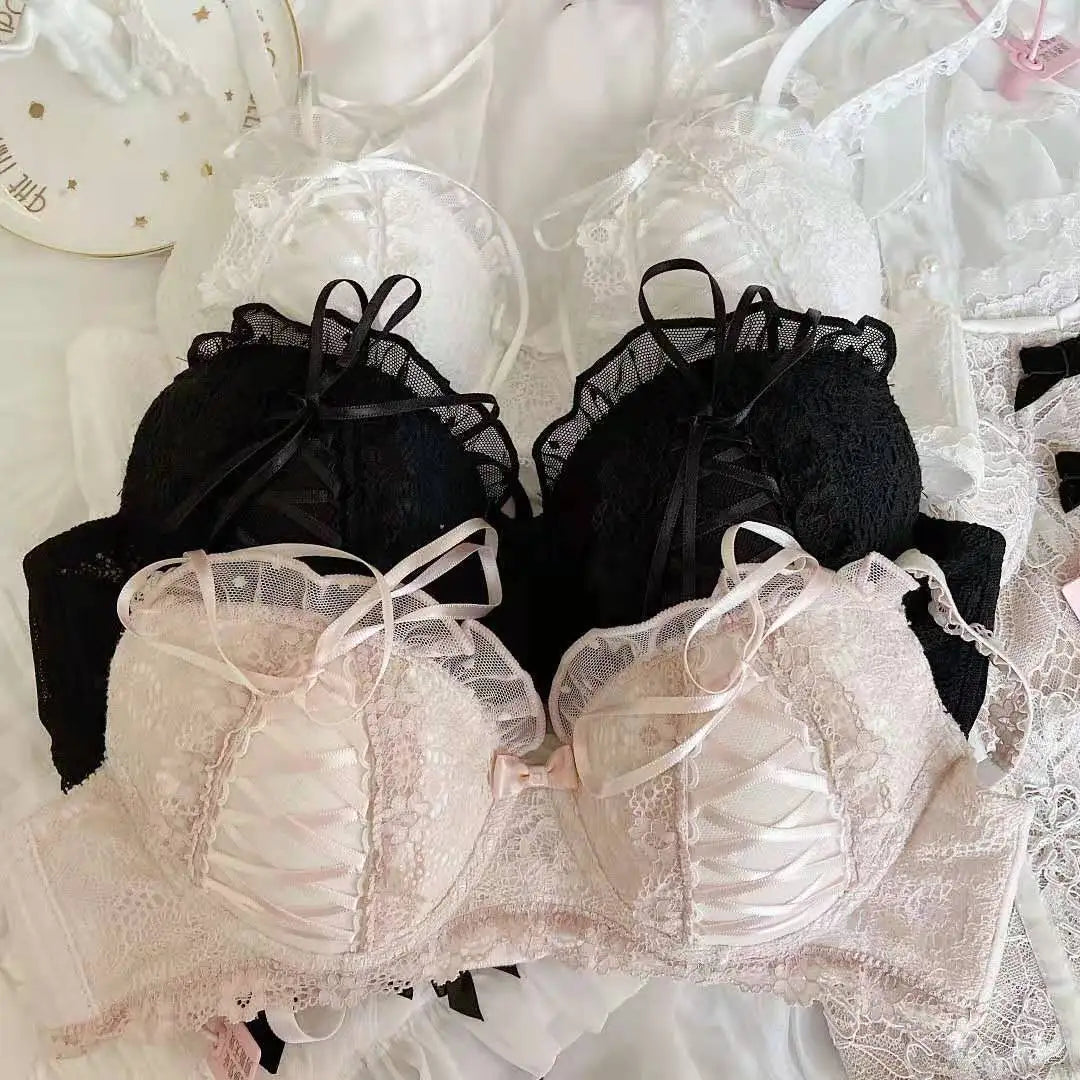 Lolita Girls Lace Padded Bra Sets Women Underwear Intimates Bralette Lingerie Japanese Ruffled Sweet Sexy Thin Cup Panties