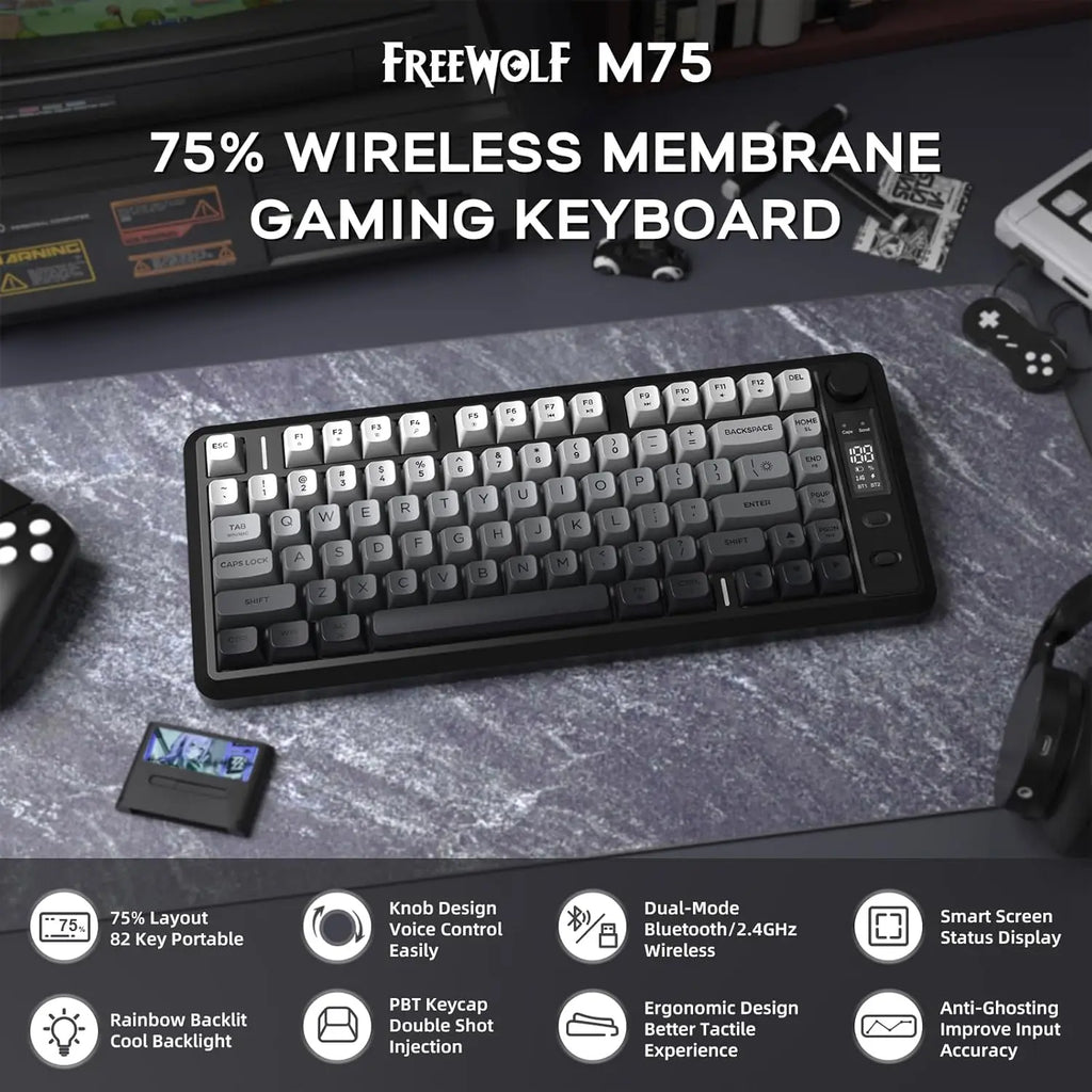 ATTACK SHARK M75 Wireless Membrane Gaming Keyboard with Knob&OLED Display Bluetooth/2.4Ghz Rainbow Backlit Gradient PBT Keycaps