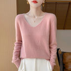 Women 100% Merino Wool Sweater V-Neck Basic Pullover Autumn Winter Cashmere Clothing Long Sleeve Soft Knitwear Tops Solid Color