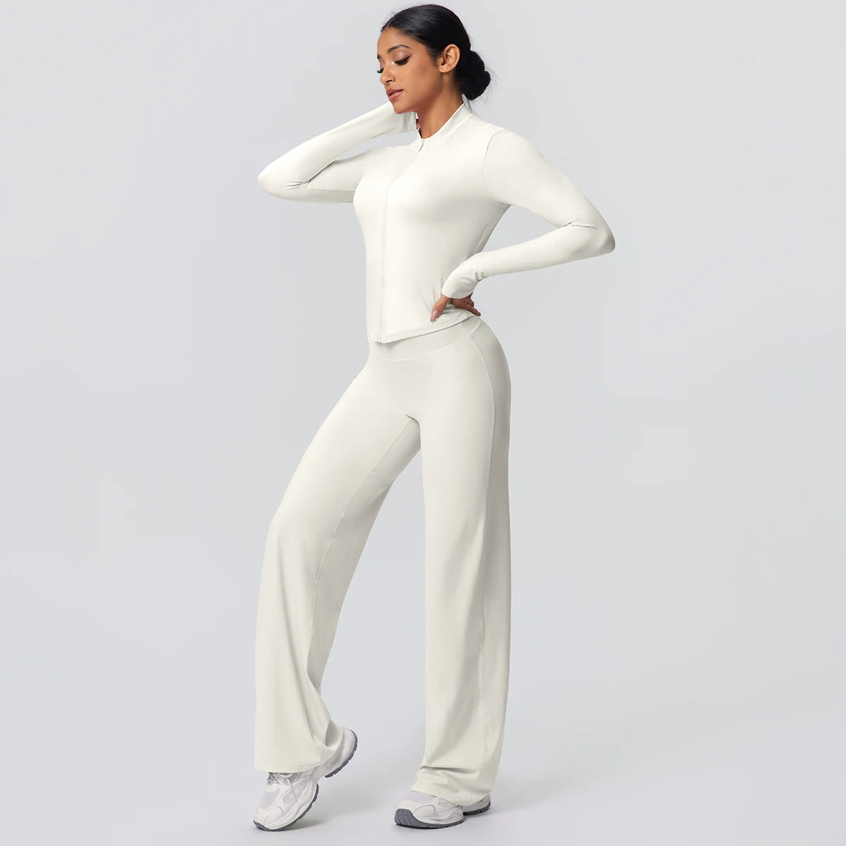 2pieces Quick Drying Sports Fitness Clothing Yoga Set Women Yoga Zipper Long Dleeves High Waisted Breathable Wide Leg Pants Set