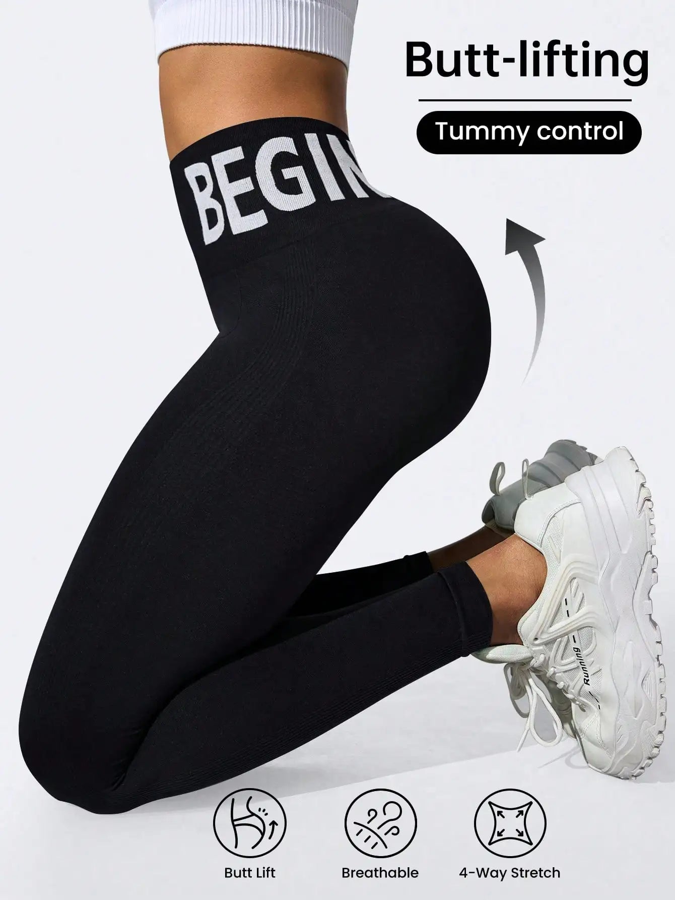 European and American Seamless Yoga Leggings with Waistband Lettering, Butt-Lifting, Quick-Dry Women's Breathable Tights for Pea Main image