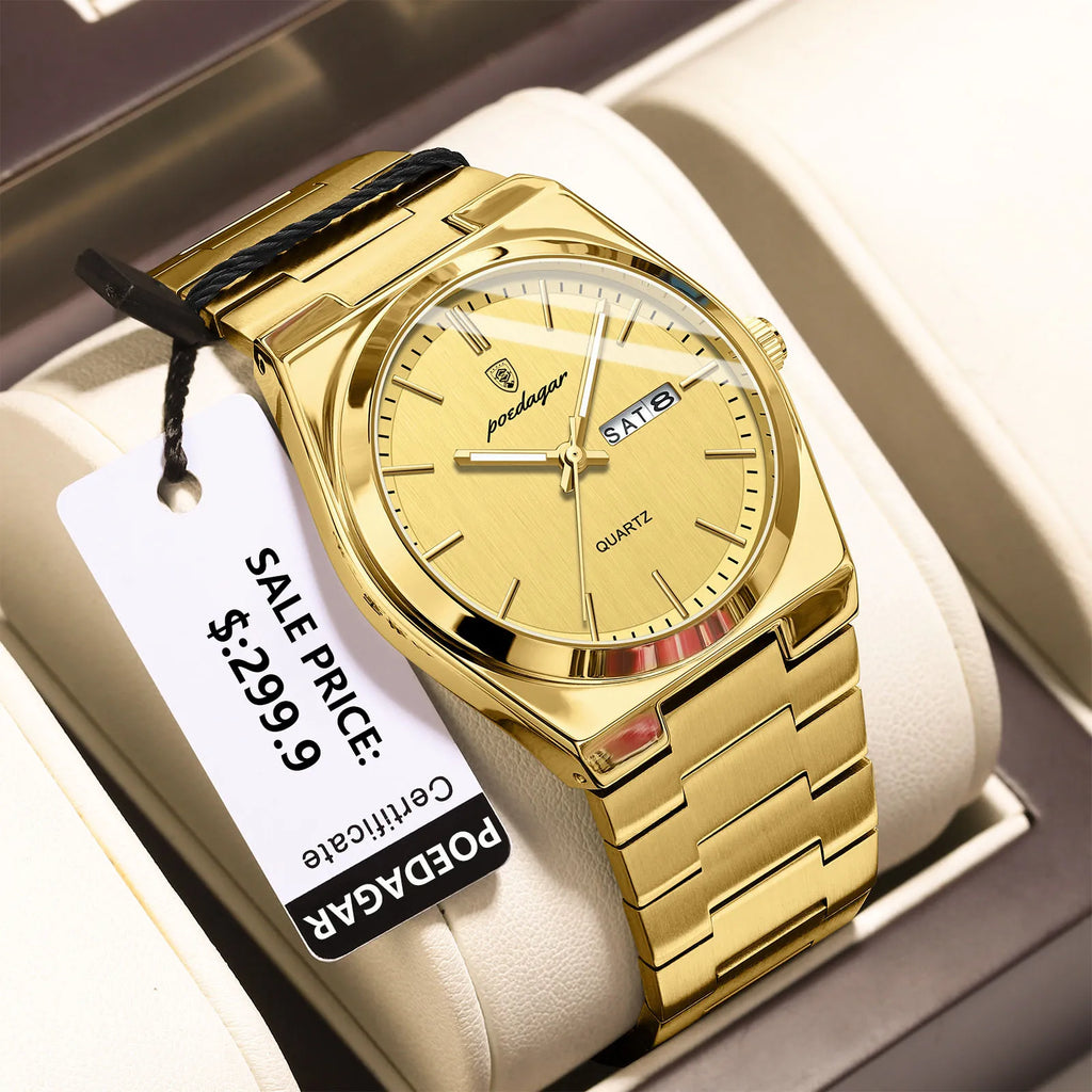 POEDAGAR Luxury Men's Watches Waterproof Luminous Date Week Men Watch Stainless Steel Casual Fashion Quartz Man Wristwatch Reloj