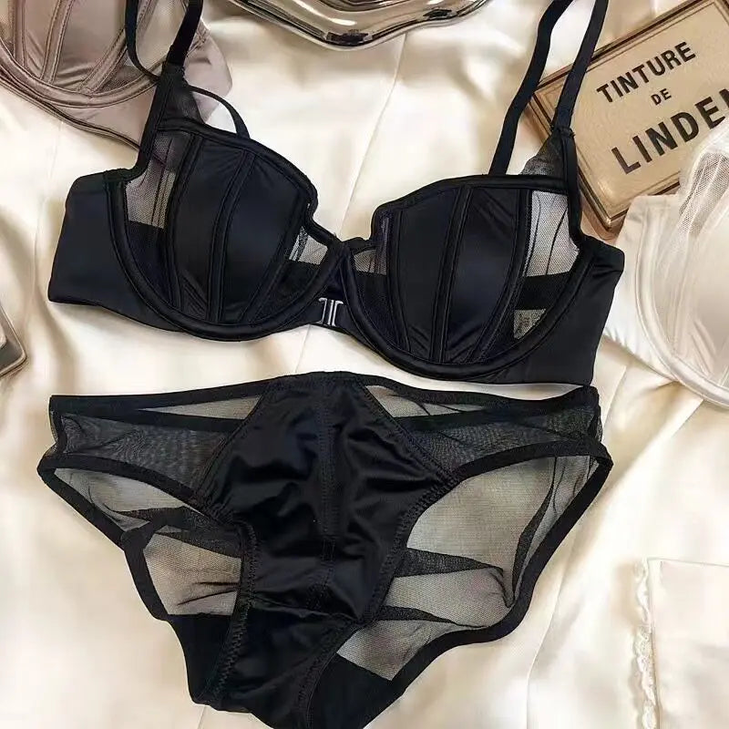 Front Buckle Push Up Bra for Women Lingerie Set Sexy Satin Mesh Semi-Cup Wireless Lift Bra Set with Adjustable Straps S-XL Size