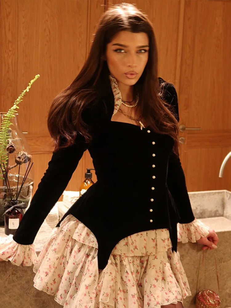 Club Floral Print Patchwork Women's Dress Sexy Long Flare Sleeve V-neck Female Mini Dresses 2026 Spring Summer Pearl Lady Robe