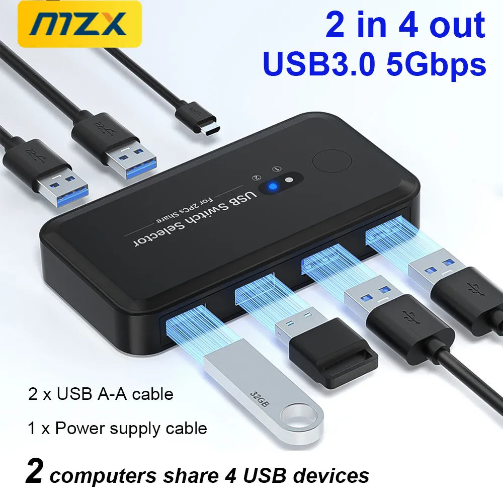 MZX USB 3.0 Switcher KM Switch Selector KVM Hub Docking Station 2 Computer Laptop PC Desktop Accessories Share Printer Keyboard