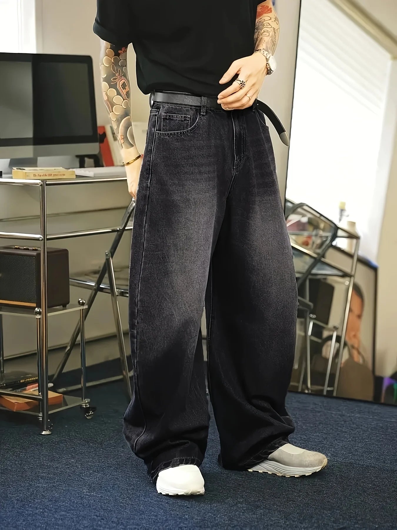1Pc Men's Daily Travel Casual American Street Loose Jeans, Black, Light Blue, Sea Blue Fashion Street Style Retro Lantern Jeans  Denim Pants