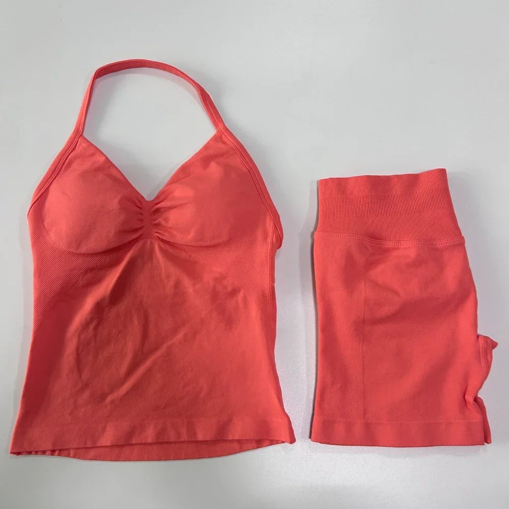 No Logo 2 Pieces Sports Set Women Backless Tank Tops High Waist Scrunch Seamless Shorts Gym Set Sportswear Workout Set Yoga