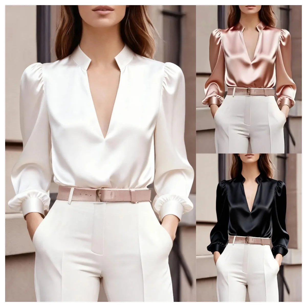 New Women's Satin Shirt V-neck Long-sleeved French Top Fashion Pullover White Simple Office Professional Female Pink Blouses Main image
