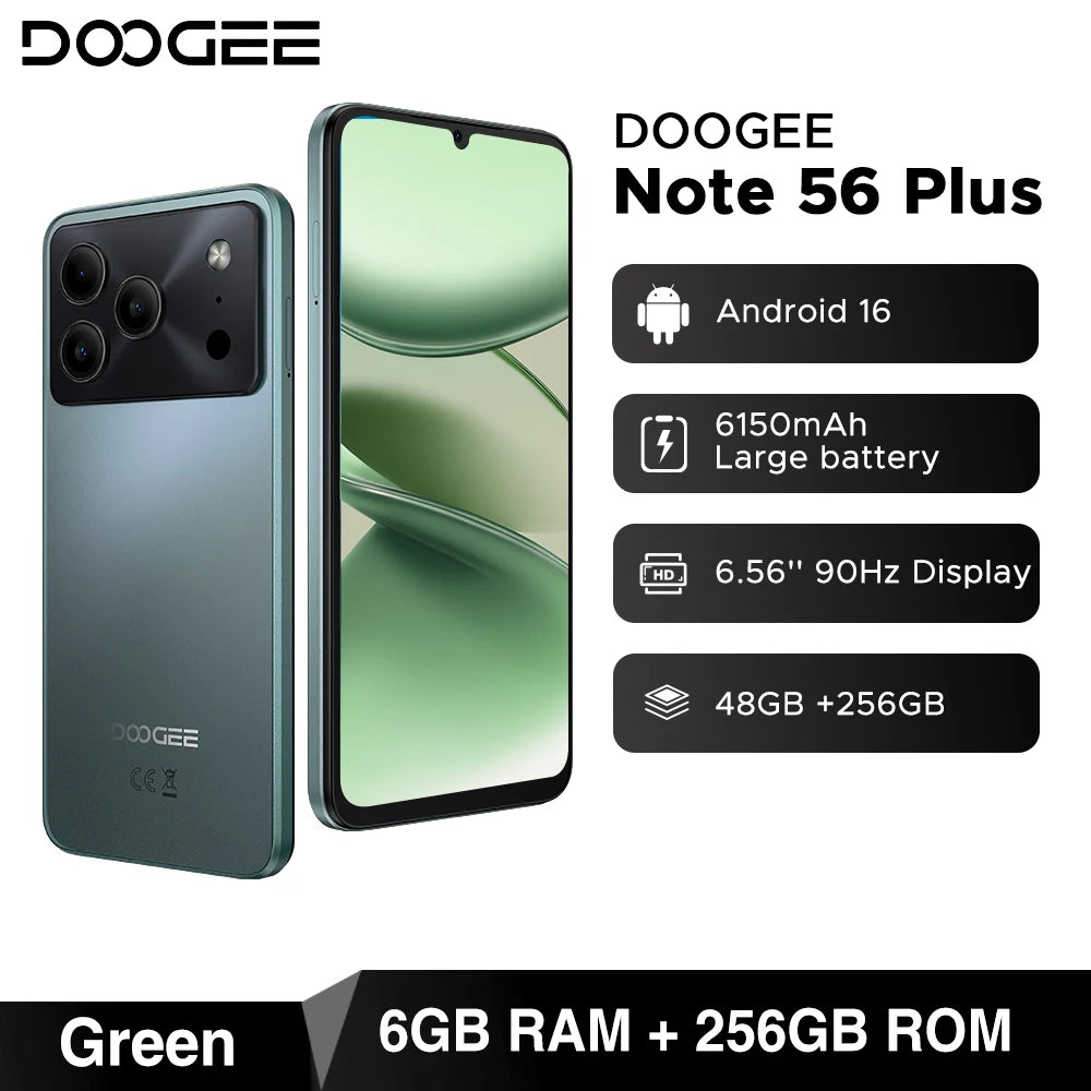 Global Version DOOGEE Note56 Plus Android 16 Smartphone 48GB+256GB 6150mAh Large Battery 6.56'' 90Hz Display 50MP Camera NFC