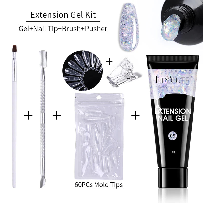 LILYCUTE 15ml Extension Gel Nail Polish Set Quick Nail Prolong With Extend Mold Nail Tips Acrylic Solution Manicure Tools Kit