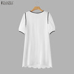 ZANZEA Summer Women's Openwork Embroidered Dresses O-Neck Half Puff Sleeve Contrast-Trim Knee-Length Dress Casual A-Line Robes