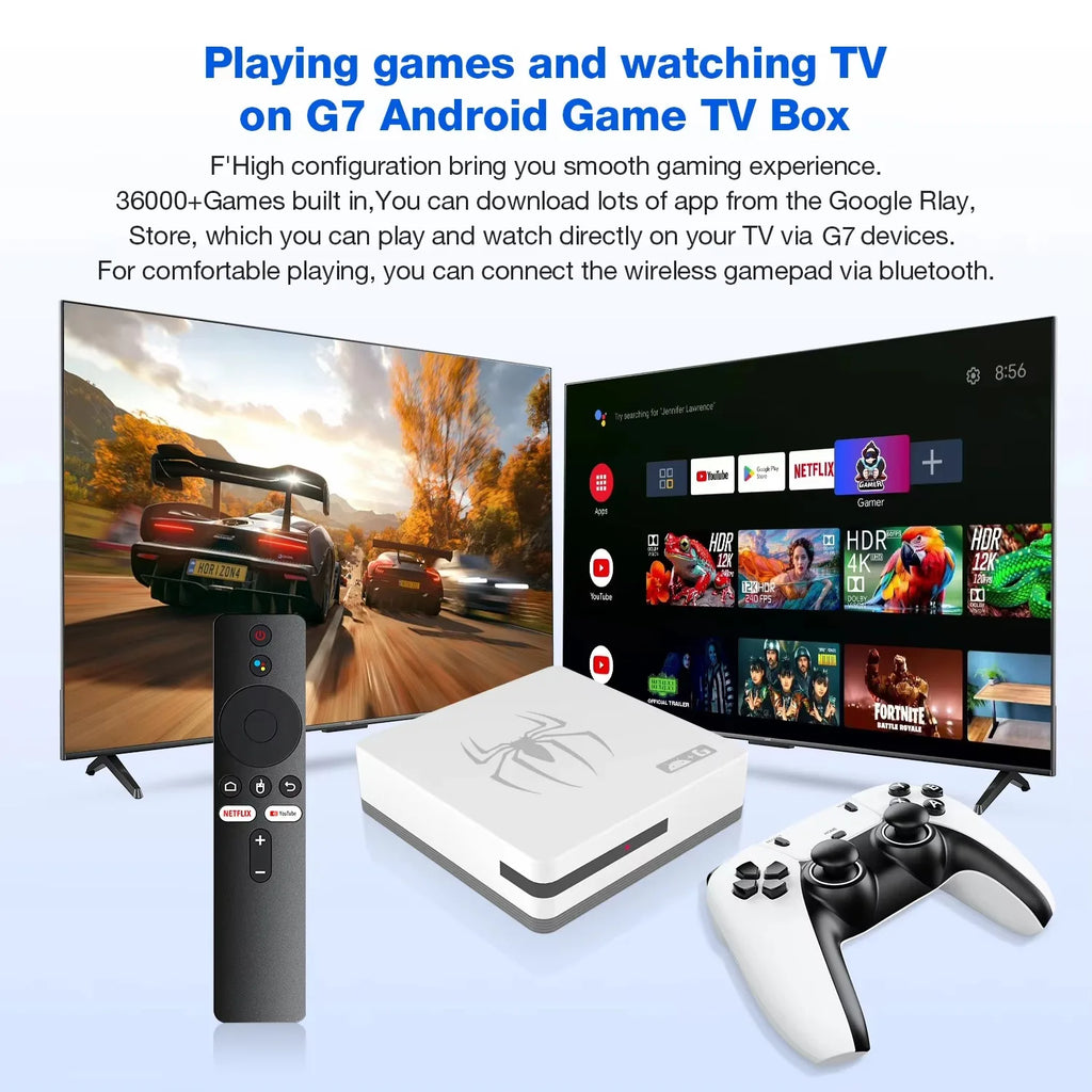Dual-system TV Game Box G7,G8 8K 3D, supports two players, 60000 classic retro arcade games, includes 2.4G wireless controllers.