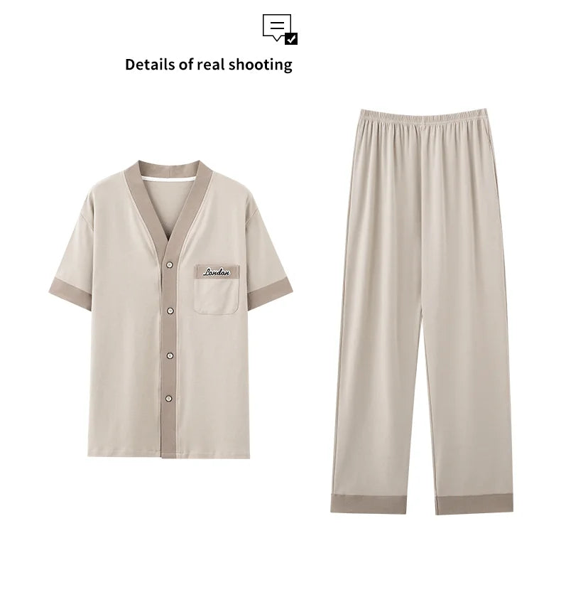 Men's Japanese Kimono Casual Fashion Solid Color Cardigan Loose Summer Short-Sleeved Pajamas with long pants Home Comfort Wear