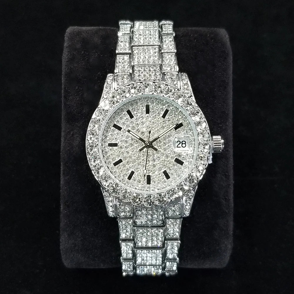 Elegant Diamond Watches Female Fashion Silver Round Stainless Steel Quartz Watch Iced Out Shiny Waterproof Clock Gift for Women Main image