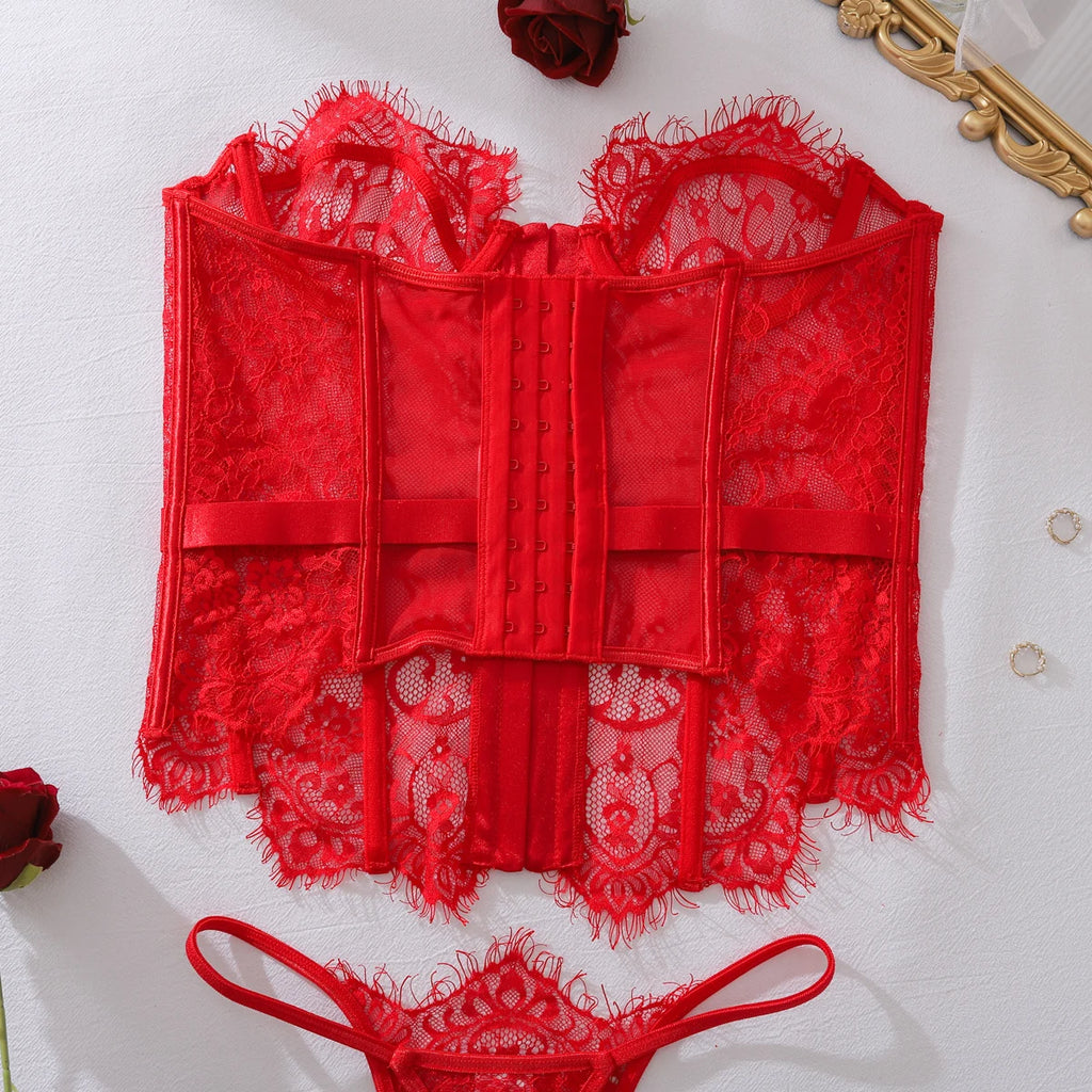 Ellolace Palace Women's Lingerie Sets Willowy Corset Thong 2PC Set Sexy Hot Strapless Lace Fancy Deep V-neck Women Underwear